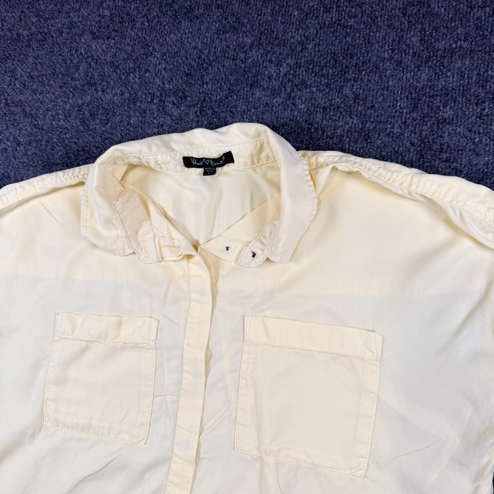 Velvet Heart Shirt Womens Large Beige Tie Hem Roll Tab Sleeve Pleated Button Up